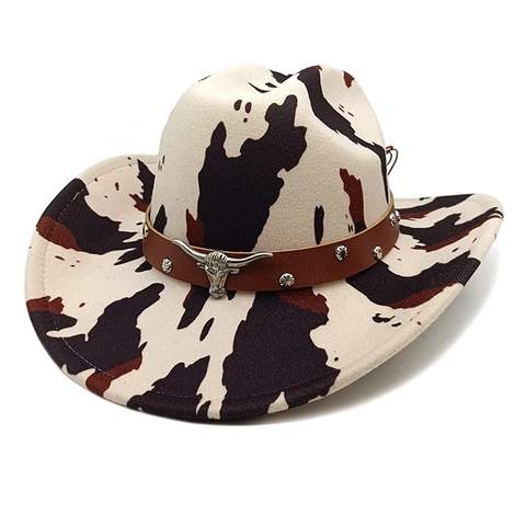 Cappello Da Cowboy Western Stampa Mucca Leopardo Tesa Larga Feltro Poliestere Cinturino Ecopelle Borchie Testa Di Toro