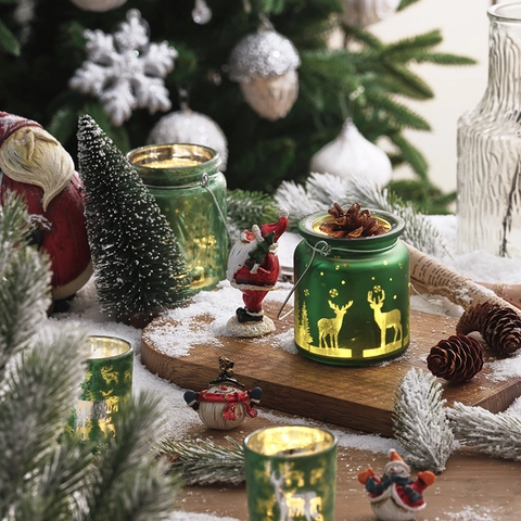 Bougeoir De Noël En Verre Lanterne LED Motifs De Renne Et Flocon De Neige Verre Dépoli Décoration De Table Ornement Festif