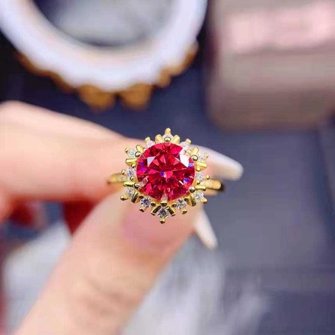 18K Gold Plated Copper Red Corundum Ring For Women Luxury Pave Rhinestone Snowflake Adjustable Open Ring Fashion Gemstone Jewelry
