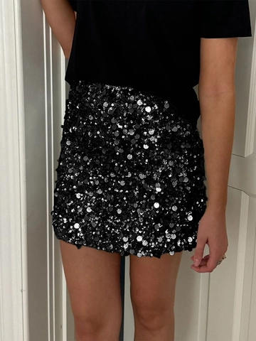 Damen Pailletten Minirock Glänzend Glitzer Körperbetont Ausgehen Club Party Kurzer Bleistiftrock Hohe Taille