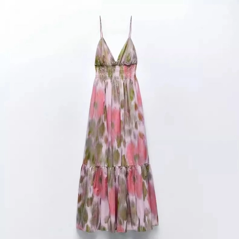 Damen Midi Kleid Abstrakt Blumendruck V Ausschnitt Spaghettiträger Smocking Taille Rückenfrei Bindeband Gestuftes Chiffon Sonnenkleid