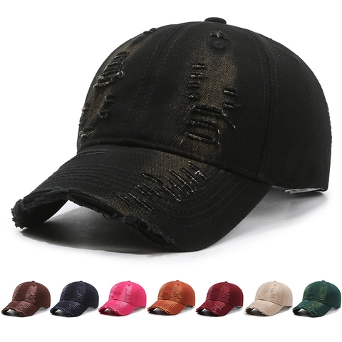 Vintage Distressed Baseball Cap Washed Cotton Broken Hole Design Retro Adjustable Streetwear Hat For Men Women Curved Brim