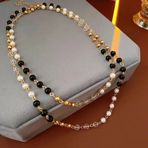 Collana A Strati Con Künstliche Perle Acriliche Grani Di Vetro Neri E Cristalli Trasparenti Stile Retrò Francese Gioielli In Lega