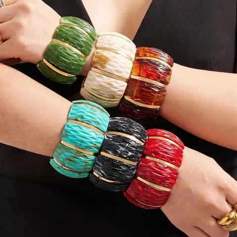 Wide Cuff Elastic Bracelet Stainless Steel And Resin Irregular Texture Retro Fashion Jewelry For Women