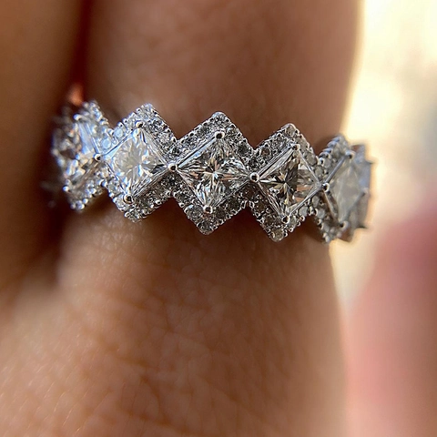 Hip Hop Panzerkette Ring Rhombus Geometrisches Design Kupfer Silberfarben Strass Pave Fingerring Für Herren Punk Schmuck