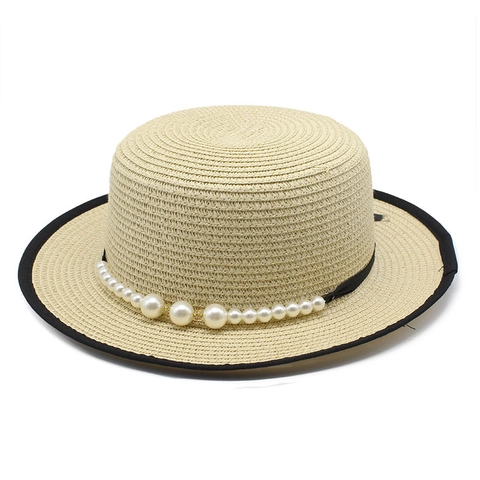 Cappello Di Paglia Elegante Da Donna Stile Retro Francese Hepburn Cima Piatta Tesa Larga Arredamento Künstliche Perle Cappello Estivo