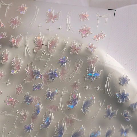 Autocollants Ongles 5D Relief Holographique Laser Papillon Fleur Étoile Auto Adhésifs DIY Manucure Décalcomanies Femmes
