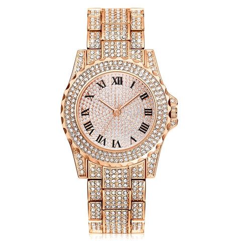 Luxury Full Rhinestone Women Quartz Watch Fashion Iced Out Roman Numeral Dial Alloy Link Strap Analog Wristwatch