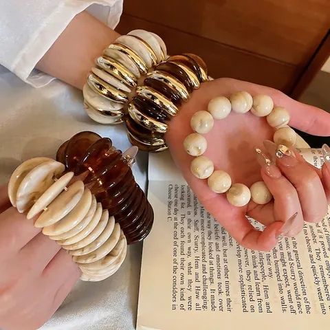 Pulsera Elástica De Resina Acrílica Retro Aleación Geométrica Textura Mármol Cuentas Ámbar Para Mujeres Joyas Moda