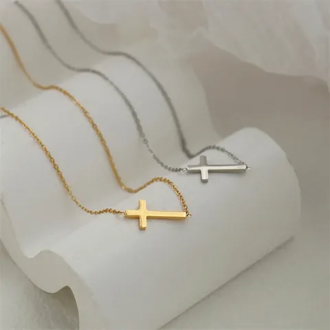 Titanium Steel Cross Necklace For Women Minimalist Side Vertical Gold Silver Plated Elegant Daily Fashion Jewelry Chain Gift