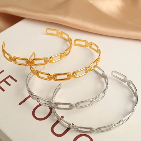 Bracelet Jonc Ouvert en Acier Titane Minimaliste pour Femmes Plaqué Or 18K Argent Géométrique Réglable Bijoux de Mode