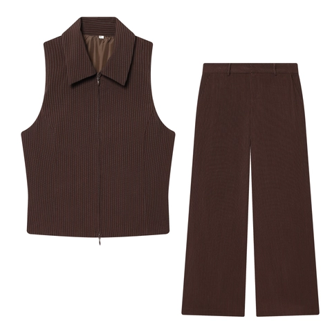 Gilet Senza Maniche Con Cerniera Marrone Gessato E Pantaloni Gamba Larga Donna Streetwear Poliestere