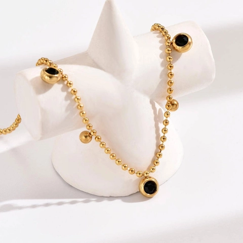 Stainless Steel Bracelet Gold Plated Beaded Chain Round Black Stone Pendants Adjustable Jewelry For Women