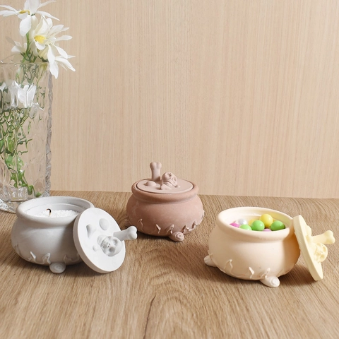 Halloween Cauldron Storage Jar Silicone Mold With Skull Lid Witch Pot DIY Resin Gypsum Casting Craft Tool Festive Decor