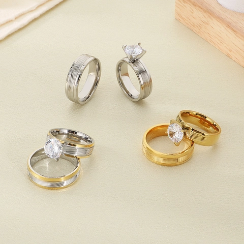 Anelli Per Coppia In Acciaio Inossidabile Texture A Righe Pietra Singola Matrimonio Fidanzamento Gioielli Per Uomo E Donna