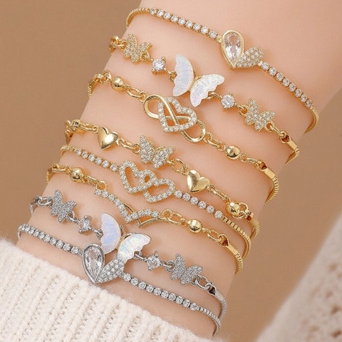 Fashion Gold Silver Butterfly Heart Infinity Charm Bracelet For Women Adjustable Rhinestone Copper Link Chain Jewelry Gift