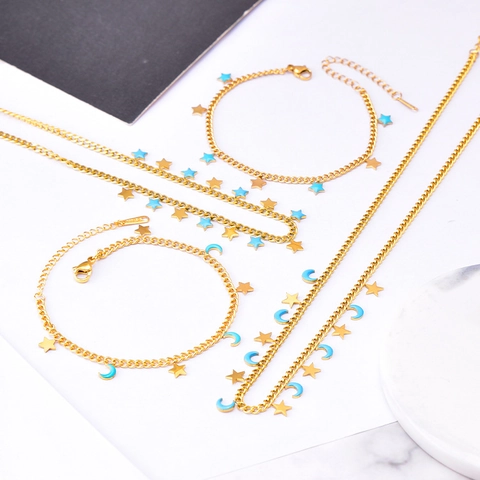 Titanium Steel Star Moon Jewelry Set For Women Blue Enamel Celestial Pendant Necklace Bracelet Gold Plated Fashion Jewelry