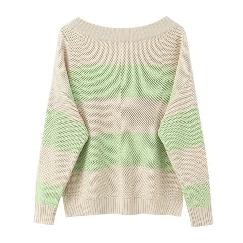 Pull En Tricot Rayé Pour Femmes Texture Gaufre Manches Longues Col Rond Détail Noeud Papillon Élégant
