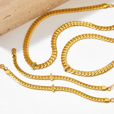 Collana E Bracciale A Catena Cubana In Acciaio Inossidabile Con Pendente Rettangolare In Zircone Hip Hop Per Donna