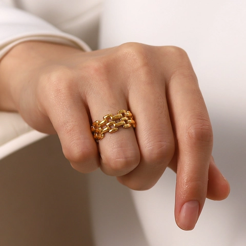 Hollow Watch Strap Design Ring 18K Gold Plated Stainless Steel Geometric Minimalist Jewelry For Women
