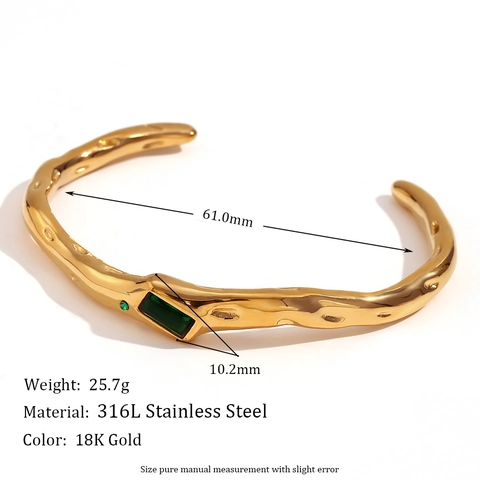 Bracciale Rigido Aperto Texture Lava Irregolare Acciaio Inossidabile 316L Placcato Oro 18K Con Zircone Rettangolare Gioielli Moda Vintage Donne