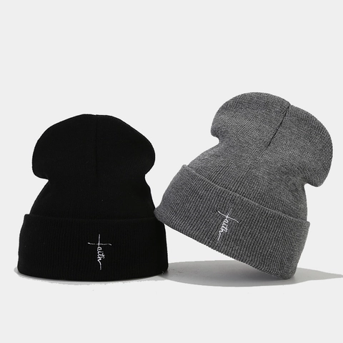 Berretto In Maglia Di Acrilico Con Ricamo Croce Faith Caldo Antivento Street Hip Hop Con Risvolto Unisex