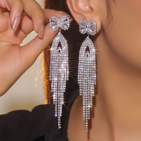Schleife Quaste Ohrhänger Legierung Strass Zirkon Lang Krallenkette Micro Pave Luxus Schmuck Für Damen Hochzeitsfeier