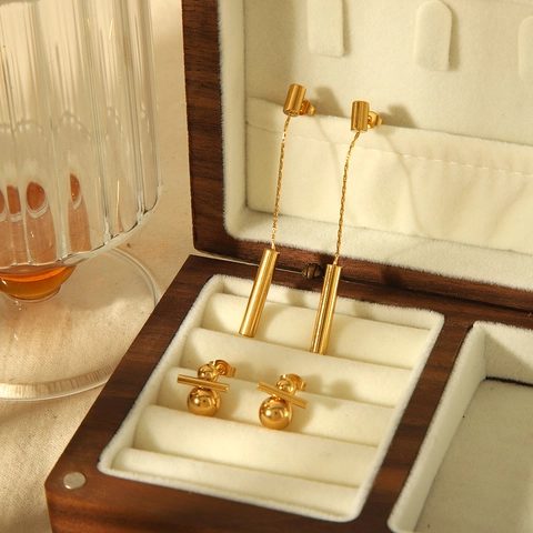 Geometrische Hängeohrringe Und Stecker Edelstahl 18K Vergoldet Minimalistische Lange Quaste Zylinder Modeschmuck Für Damen