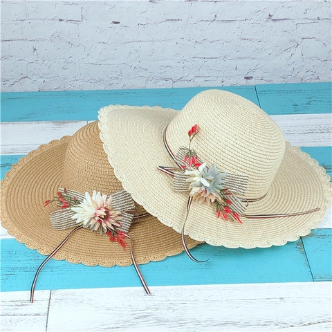 Strohhut Damen Mit Breiter Krempe Wellenkante Blumenband Dekor Faltbarer Strand Sonnenhut Für Frauen Mädchen