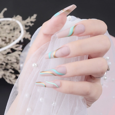 Unghie Finte Lunghe Ballerina Motivo Onde Verde Menta Linee Dorate Opache Coffin Per Donna Manicure Professionale