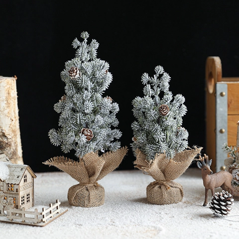Mini Desktop Christmas Tree Flocked Snow Effect Artificial Pine Needle With Natural Pine Cones Burlap Base Rustic Holiday Decor