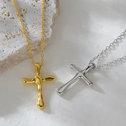 S925 Sterling Silver Irregular Lava Texture Cross Pendant Necklace For Women 18K Gold Plated Liquid Metal Style Fashion Jewelry