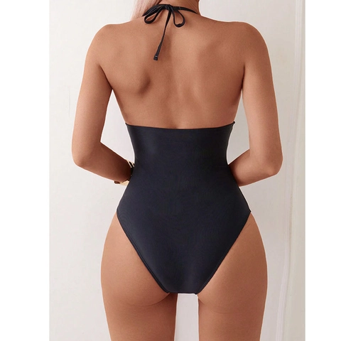 Women Swimsuit Nylon Spandex Halter Neck Backless Mesh Splicing Sexy Slim Fit Beachwear Monokini Black