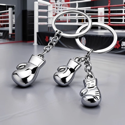 Boxing Glove Dumbbell Keychain Sports Fitness Charm Zinc Alloy Polished Silver Key Ring Gift