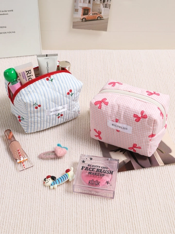 Borsa Per Trucco Trapuntata Pochette Da Viaggio Portatile Per Cosmetici Stile Coreano Organizzatore Per Donne Ciliegia Fiocco