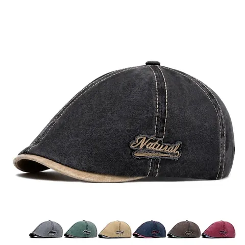 Gorra Newsboy Denim Lavado Vintage Letra Bordada Ajustable Gorra Plana Para Hombres Ribete De Contraste
