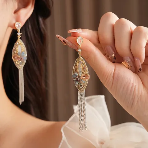 Flower Tassel Earrings Copper Rhinestone Chain With 925 Sterling Silver Earring Post Retro Ethnic Luxury Dangle