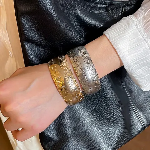 Vintage Embossed Floral Open Cuff Bracelet Iron Alloy Metal Texture Adjustable Boho Ethnic Style For Women
