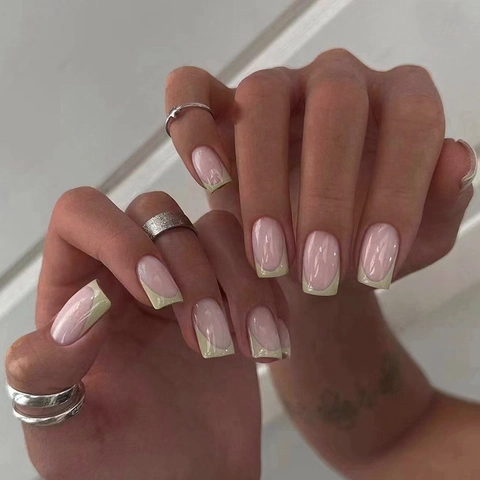 Mid-Length European Square French Sage Green Glossy Press On Nails Elegant Nude Pink Fake Nails For Women Manicure