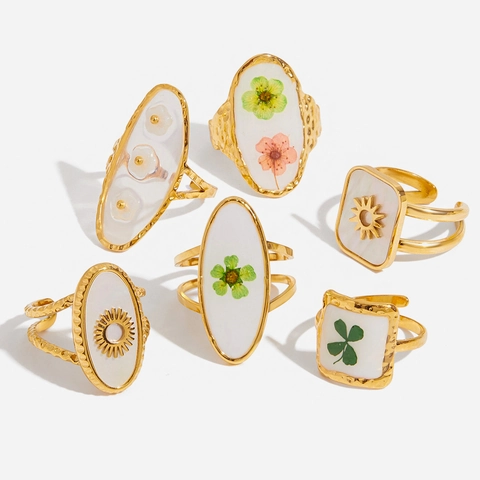 Anello In Acciaio Inossidabile Placcato Oro Impermeabile Regolabile Fiore Secco Madreperla Motivo Sole Gioielli Natura Donna