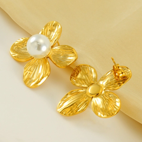 Pendientes De Botón De Pétalo De Flor Vintage Bañados En Oro Acero Inoxidable Con Perla Artificial Para Mujer Joyería