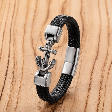 Braided Leather Bracelet Stainless Steel Anchor Infinity Symbol Punk Fashion Magnetic Clasp Bangle For Men Unisex