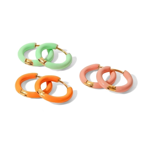 Boucles D'oreilles Créoles En Émail Coloré Pour Femmes En Acier Inoxydable Géométrique Rond Bijoux Mode Style Minimaliste