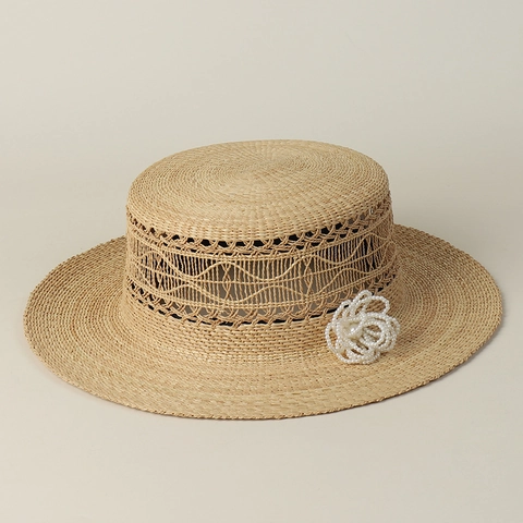 Chapeau Boater En Raphia Élégant Pour Femmes Avec Fleur De Künstliche Perle Tissage Ajouré Fait Main Respirant Chapeau De Plage