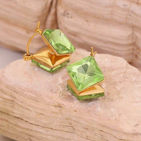 Geometric Square Gemstone Earrings Stainless Steel Gold Plated Minimalist Colorful Crystal Jewelry For Women
