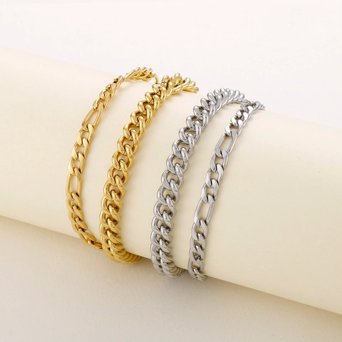 Layered Figaro And Cuban Link Chain Bracelet Polished Stainless Steel Minimalist Jewelry For Men And Women