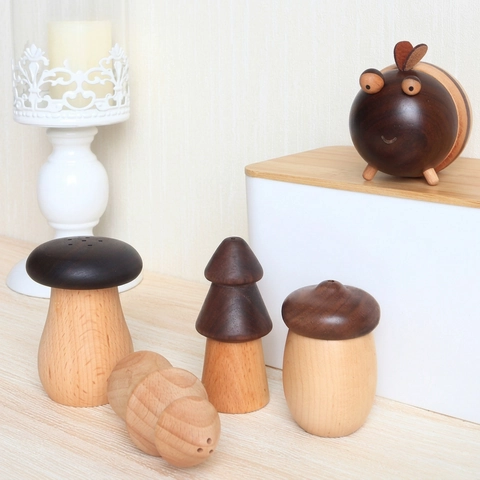 Porte-Cures-Dents En Forme De Champignon Bois De Noyer Noir Et Hêtre Récipient Décoratif Pour Cuisine Table À Manger Style Japonais Créatif