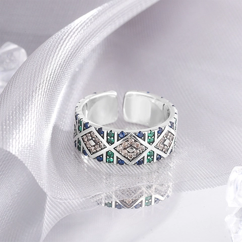 925 Sterling Silber Engelsauge Verstellbarer Ring Vintage Geometrisch Bunter Zirkon Offener Ring Für Damen Schmuck
