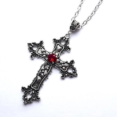 Gothic Cross Pendant Necklace Vintage Alloy Rhinestone Retro Floral Pattern Unisex Fashion Jewelry Accessory