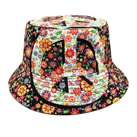 Bucket Hat Floral Peace Symbol Print Double Sided Polyester Sun Protection Outdoor Retro Fisherman Hat Women Men
